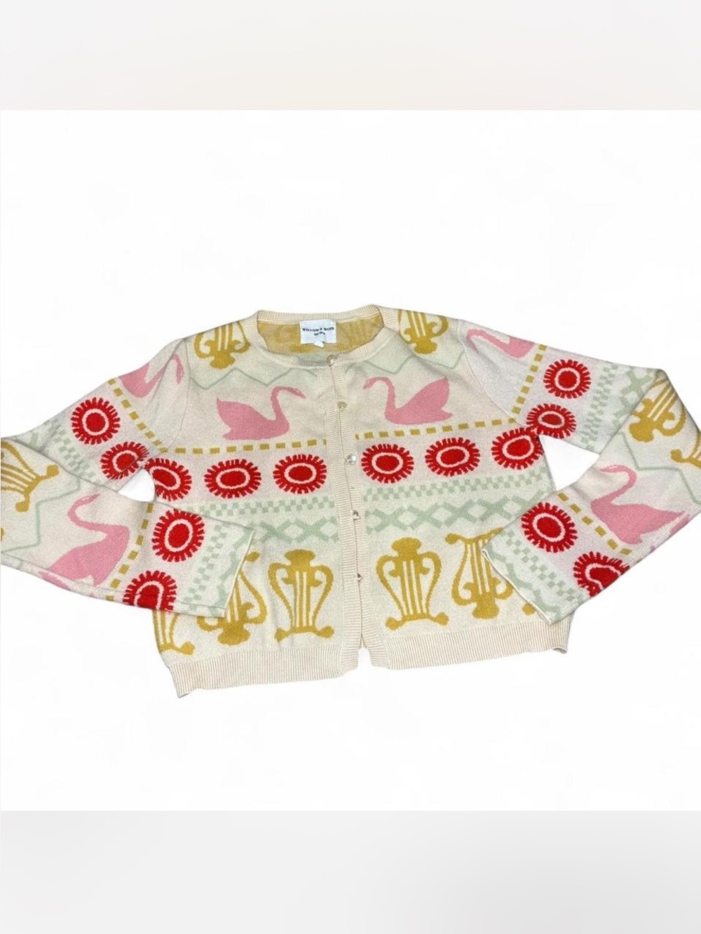 Patterned Cream Cardigan with Pink Swan Motif